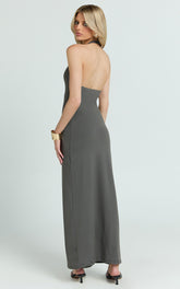 Honey Maxi Dress - Halter Plunge Bodycon Dress in Charcoal